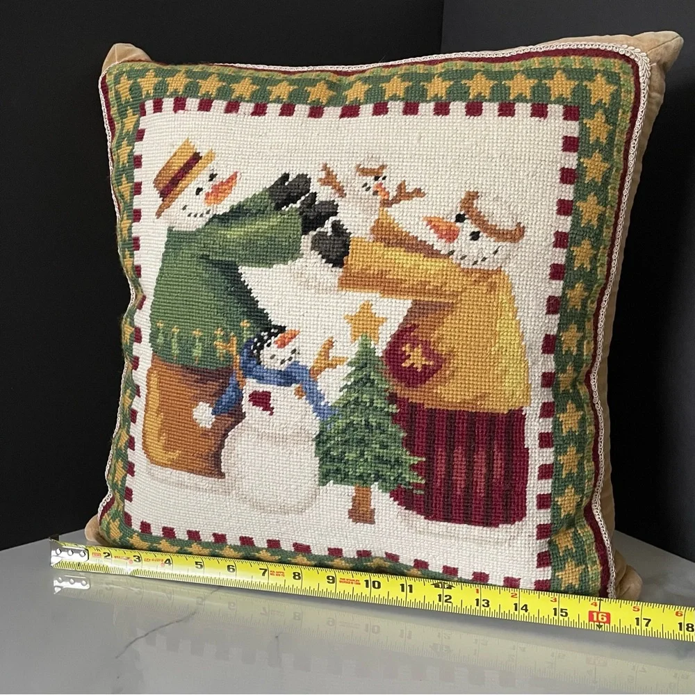 Snowman Family Needlepoint Holiday Pillow